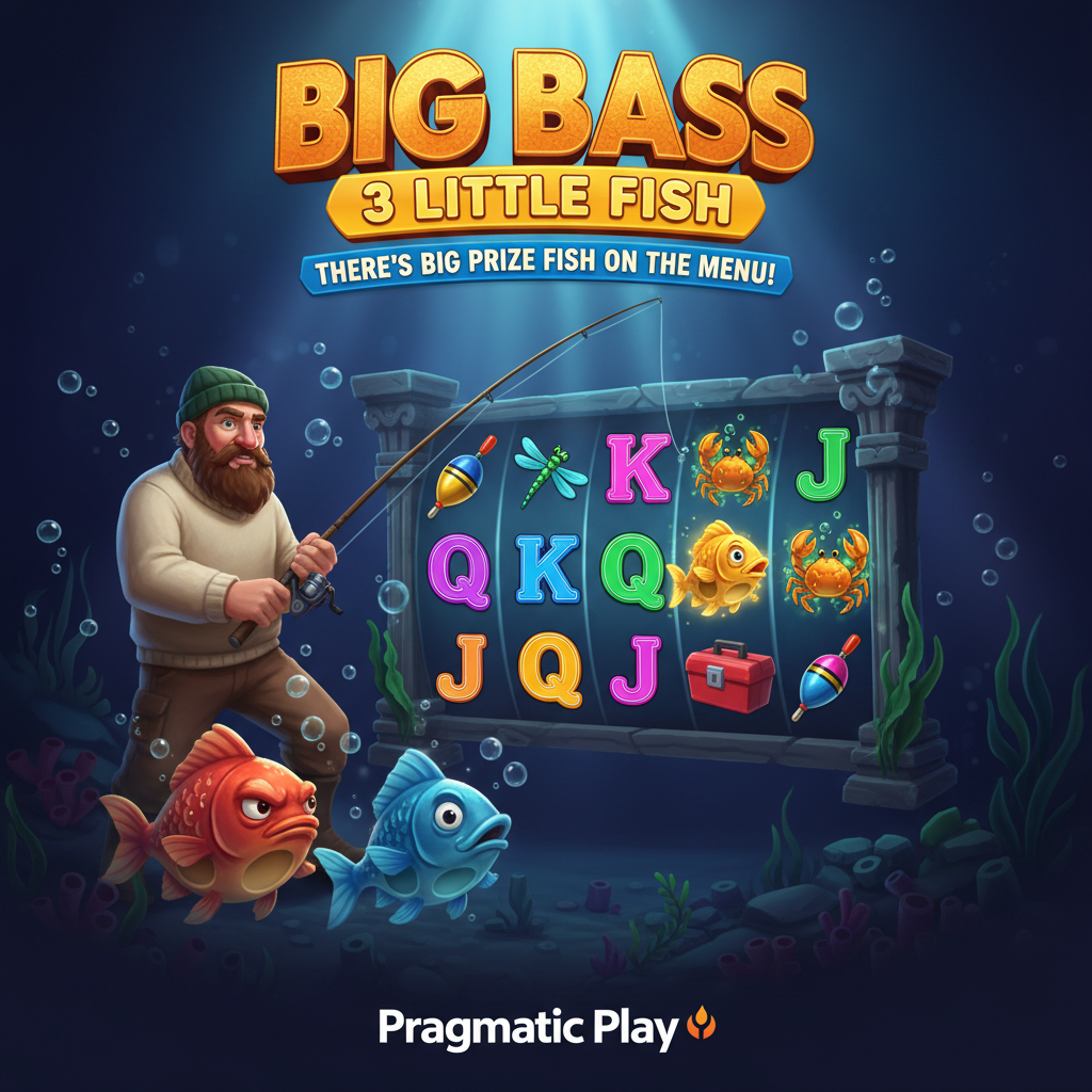 Big Bass 3 Little Fish Jackpot Bonanza slot con pescatore, tre pesci colorati e simboli di pesca in ambientazione subacquea