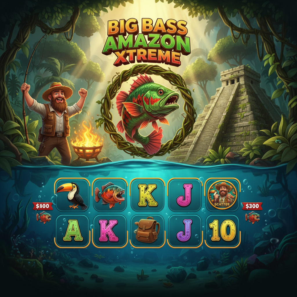 Big Bass Amazon Xtreme slot con pescatore nella giungla amazzonica, simboli di pesci colorati e rulli 5x4 subacquei