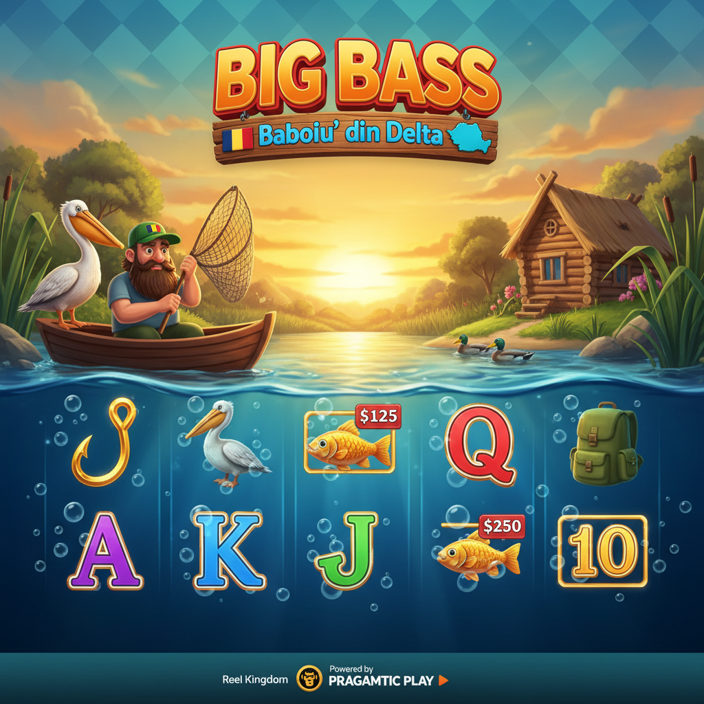 Big Bass Baboiu' din Delta slot: scena di pesca nel Delta del Danubio con pescatore in barca, airone bianco, anatre, capanne tradizionali rumene e simboli di pesce con valori in denaro sullo sfondo acquatico al tramonto