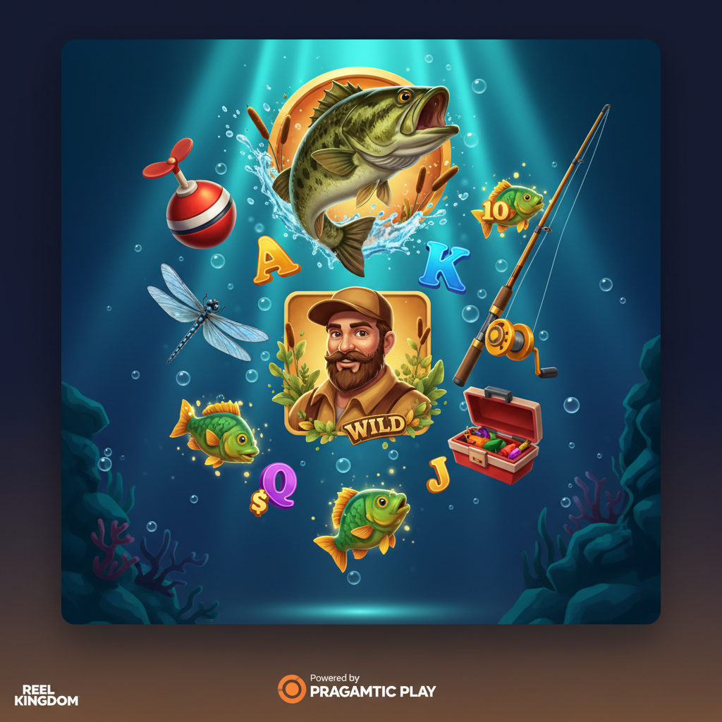 Big Bass Bonanza 3 Reeler slot machine con simboli di pesca: pesce persico scatter, pescatore wild, bobber rosso-bianco, mulinello, libellula e simboli money fish su sfondo sottomarino