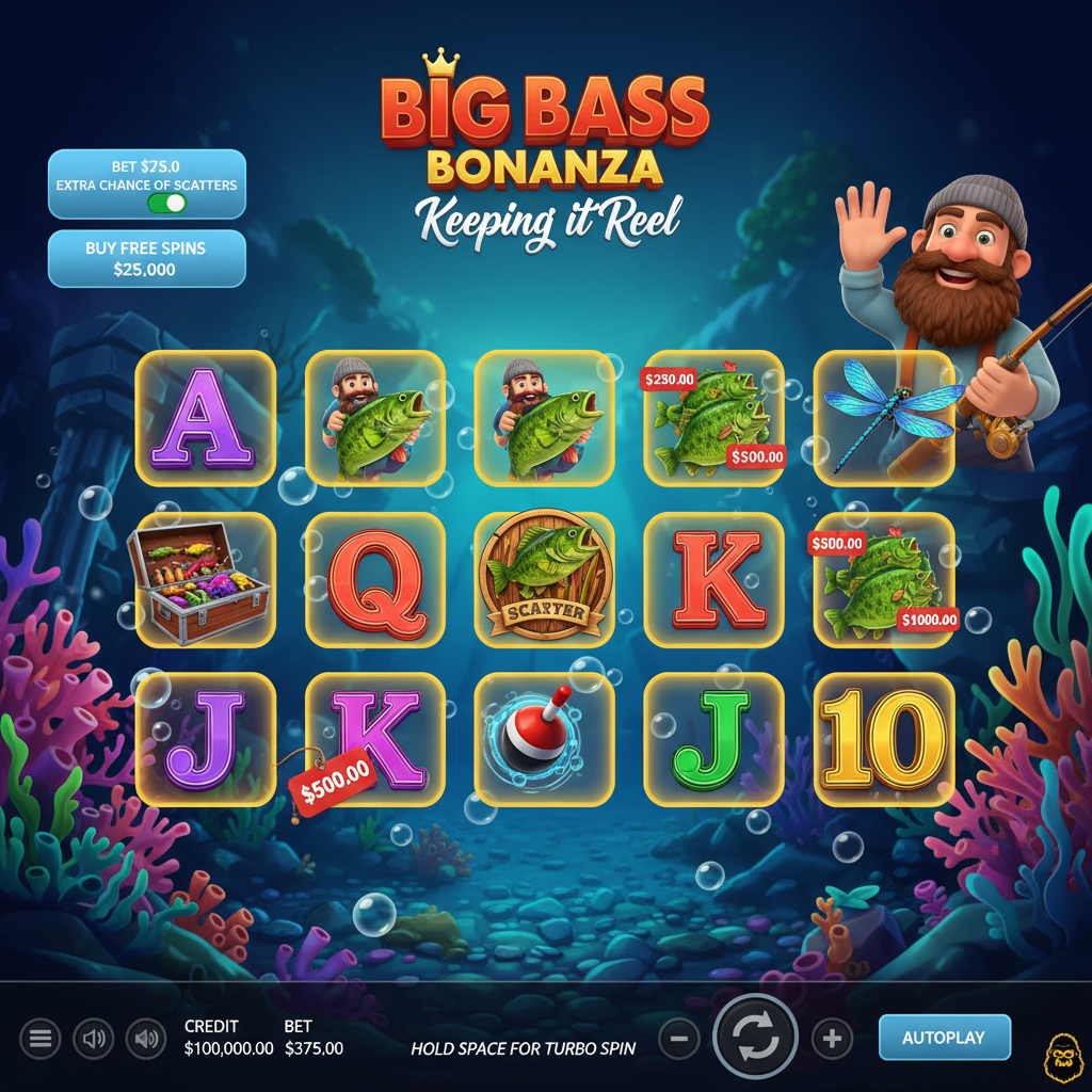 Big Bass Bonanza Keeping it Reel slot con pescatore, pesci bass verdi, mulinelli da pesca dorati e simboli scatter su sfondo subacqueo blu