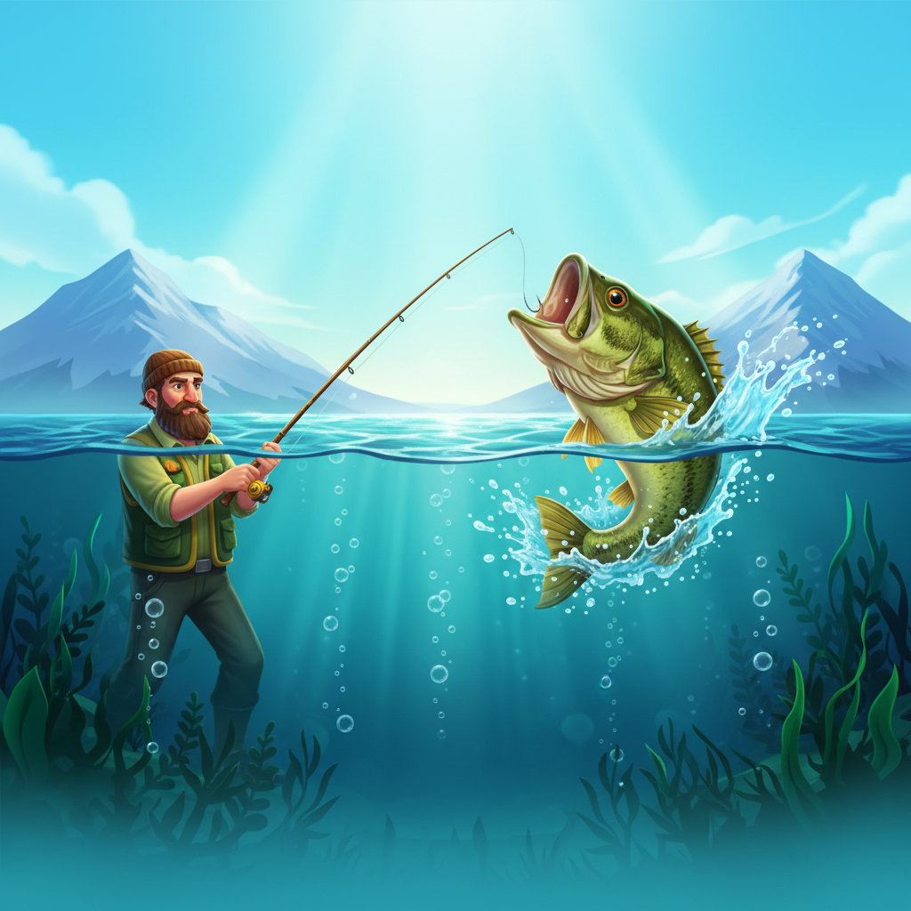 Big Bass Bonanza slot machine con pescatore che cattura un grande bass mentre salta dall'acqua, sfondo montagne e cielo azzurro, tema pesca sportiva