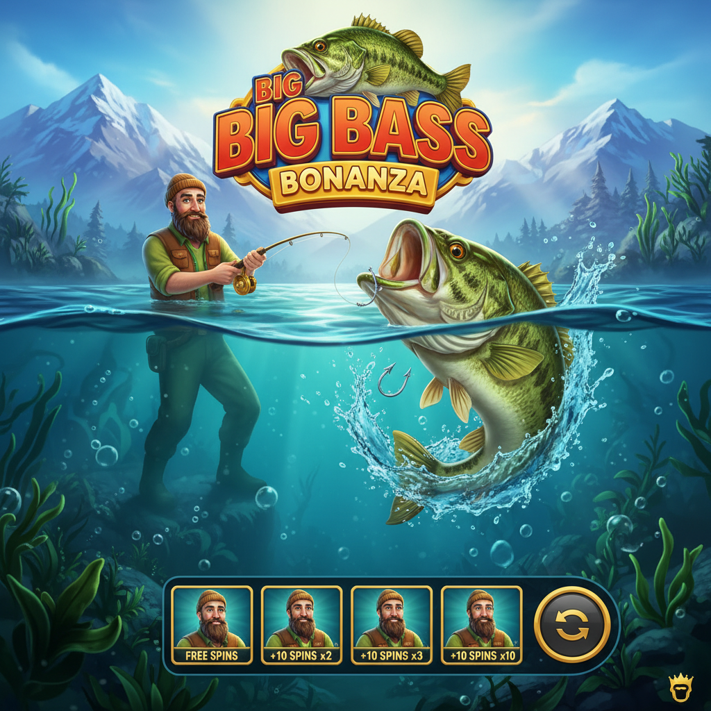 Big Bass Bonanza slot sottomarina con pescatore, pesce bass, simboli scatter e denaro, bobber galleggiante e canna da pesca su sfondo acquatico turchese