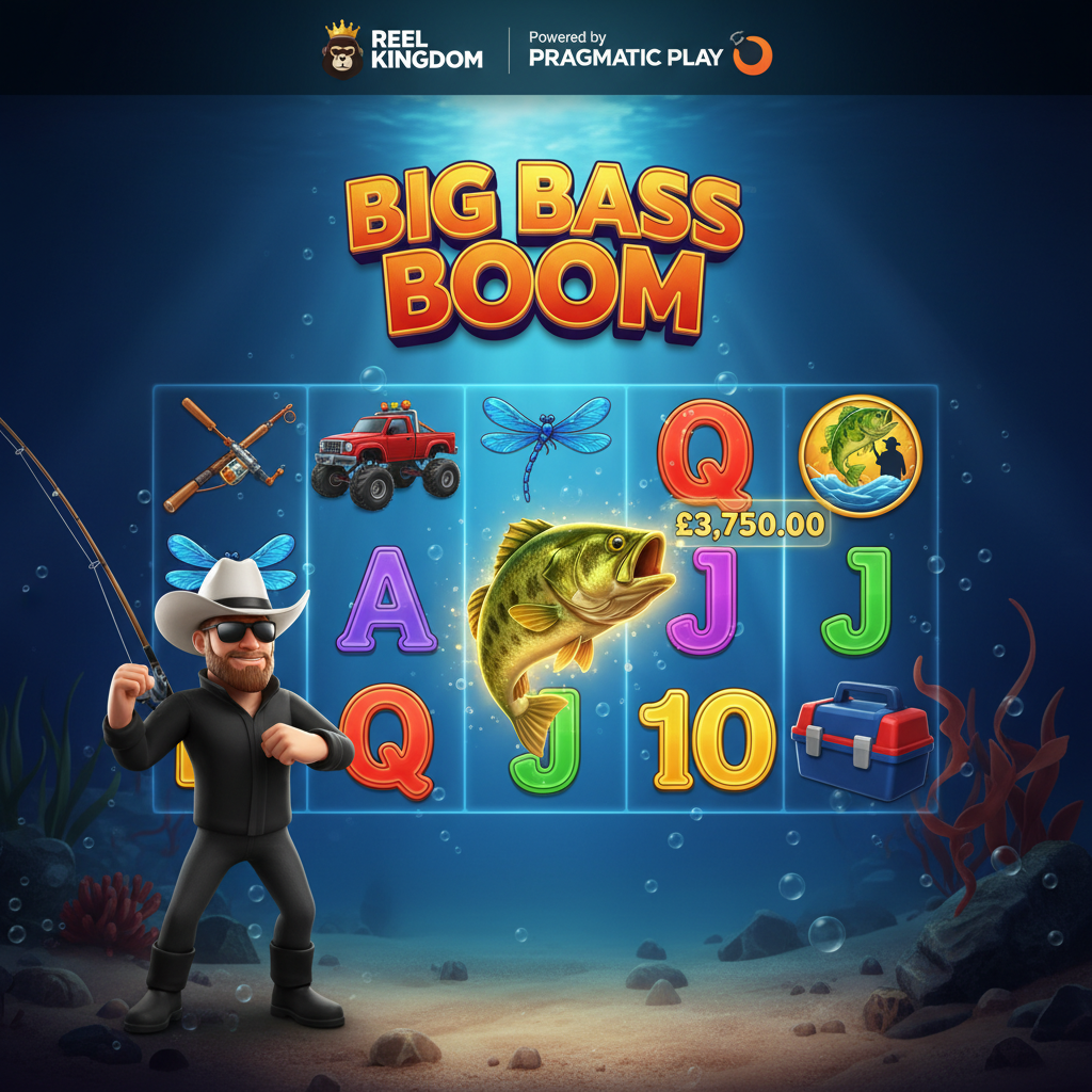 Big Bass Boom slot con pescatore, canna da pesca, pesce bass e simboli money in scena subacquea con 5 rulli e 3 righe