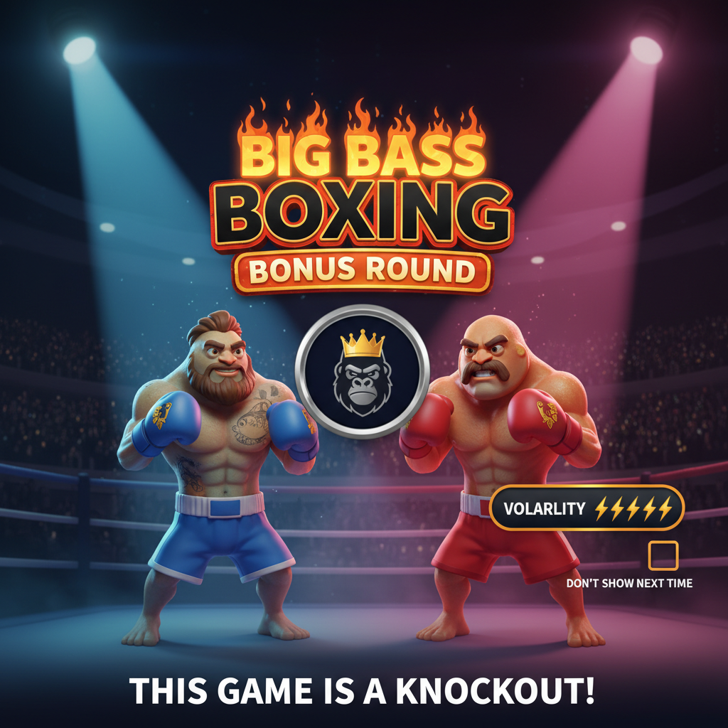 Big Bass Boxing Bonus Round slot con due pugili cartoon, ring da boxe illuminato da riflettori blu e rosa, arena notturna con folla