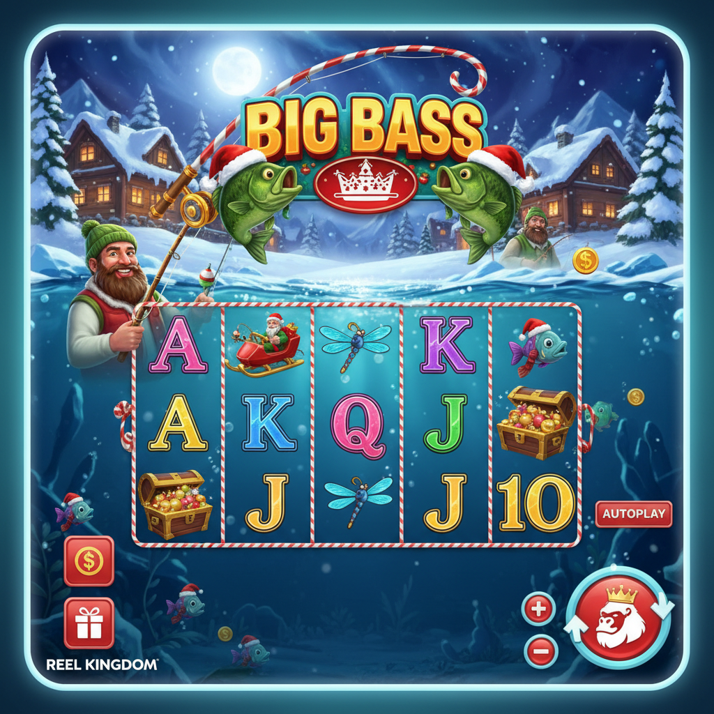 Big Bass Christmas Bash slot machine con tema pesca sul ghiaccio natalizio, pescatore con cappello elfo, pesce bass con corona rossa e bobine circondate da decorazioni natalizie