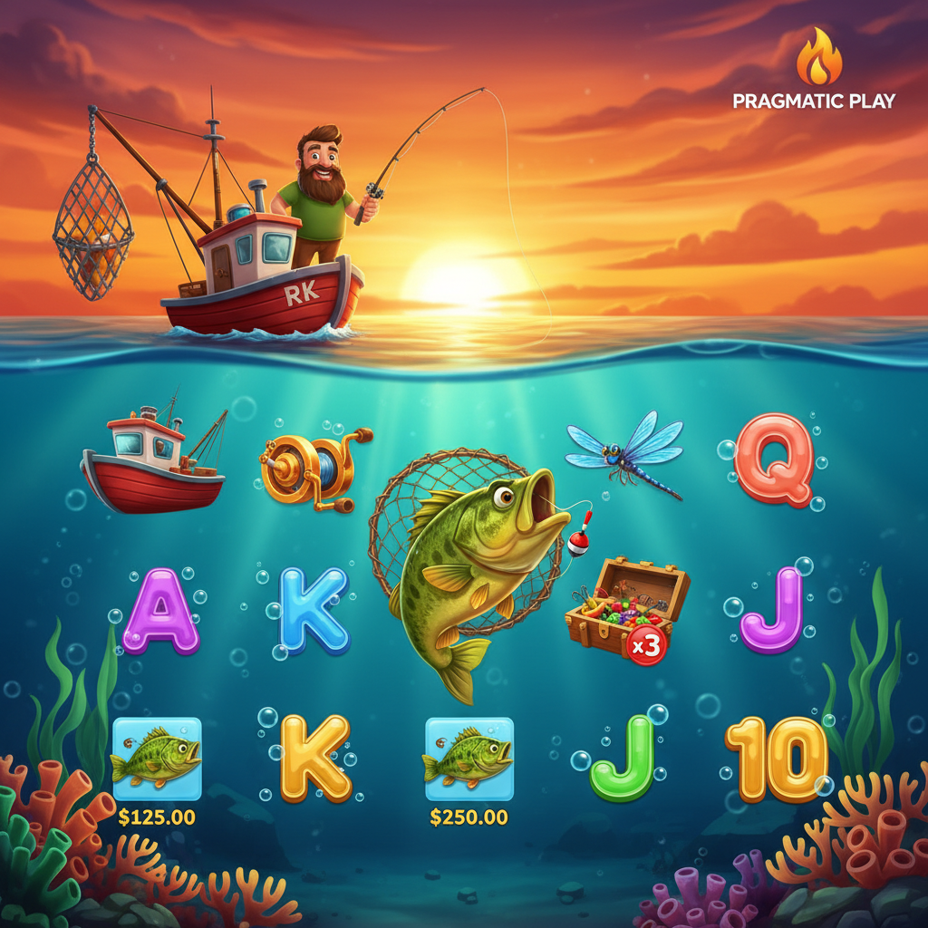 Big Bass Floats My Boat slot machine con pescatore su barca rossa, pesce bass che salta, simboli scatter e ambientazione sottomarina con tramonto