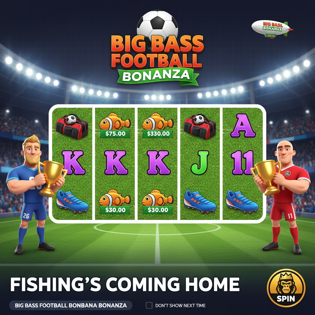 Big Bass Football Bonanza slot con campo da calcio, simboli money fish, giocatori wild in divisa blu e rossa, e money symbol da 5000x