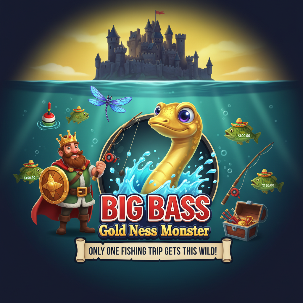Big Bass and the Gold Ness Monster slot - pescatore con corona, mostro dorato del lago, castello medievale scozzese, simboli di pesca e tesori sottomarini