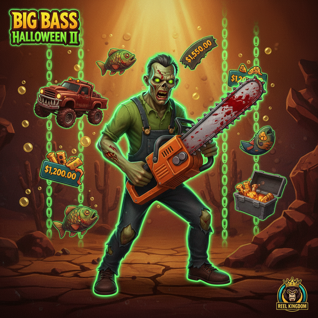 Big Bass Halloween 2 slot: zombie pescatore con motosega, atmosfera horror subacquea, simboli pesce denaro, scatter e wild