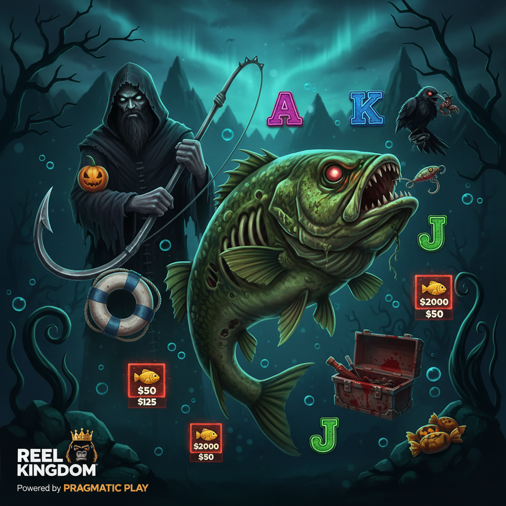 Big Bass Halloween slot con bass zombie verde, pescatore incappucciato, ambientazione subacquea horror e simboli scatter di pesce morto vivente