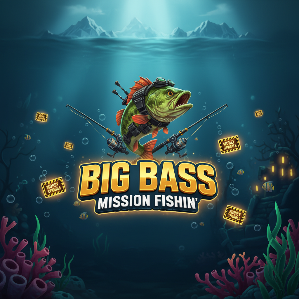 Big Bass Mission Fishin' slot con pescatore tattico subacqueo, pesce bass verde con equipaggiamento militare, canne da pesca incrociate e ambiente oceanico profondo con simboli Money Fish dorati