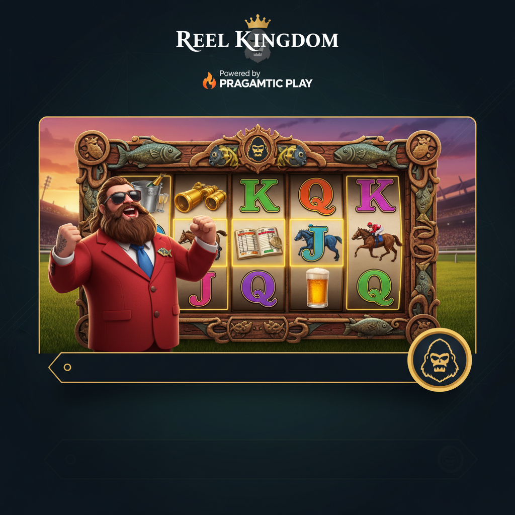 Big Bass Raceday Repeat slot machine con cavalli da corsa, fantino in giacca rossa, ippodromo al tramonto e simboli di binocoli dorati e champagne