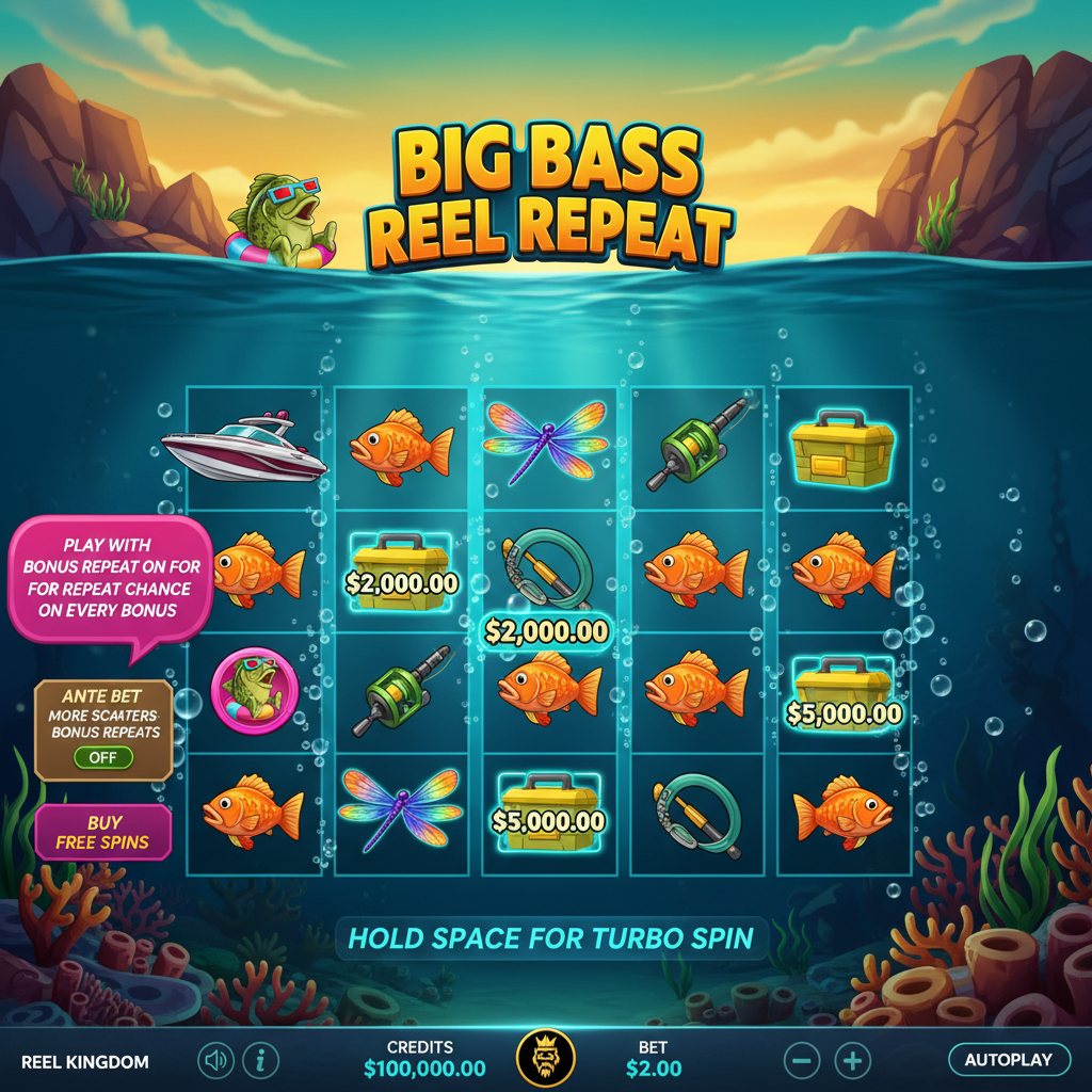 Big Bass Reel Repeat slot machine con pescatore, pesci bass colorati, simboli money con valori fino a 5000x, bobine subacquee con effetti turquoise e tramonto dorato