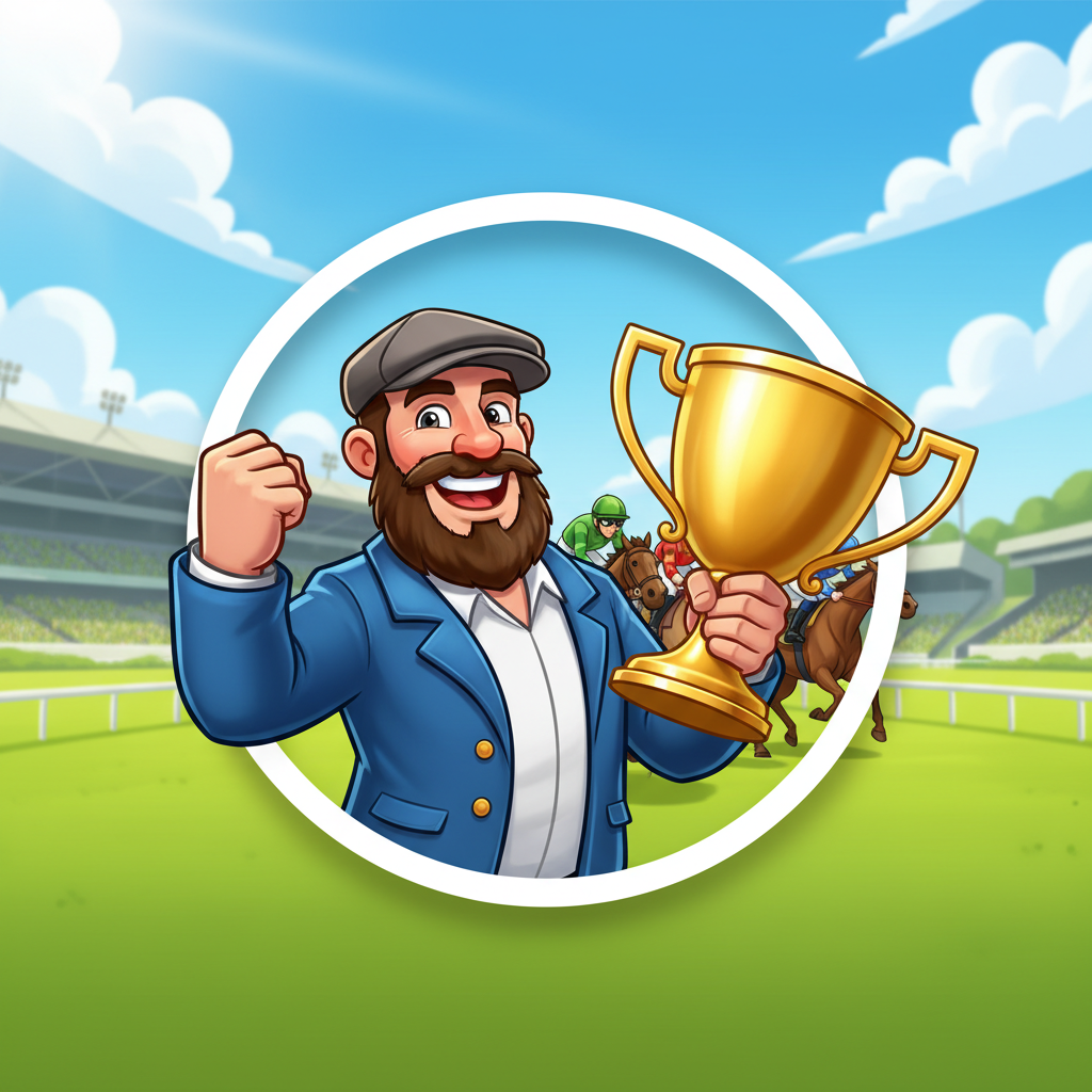 Big Bass Return to the Races slot con fantino vincitore che tiene un trofeo d'oro, corse di cavalli sullo sfondo, tema ippica britannica con simboli scatter e wild