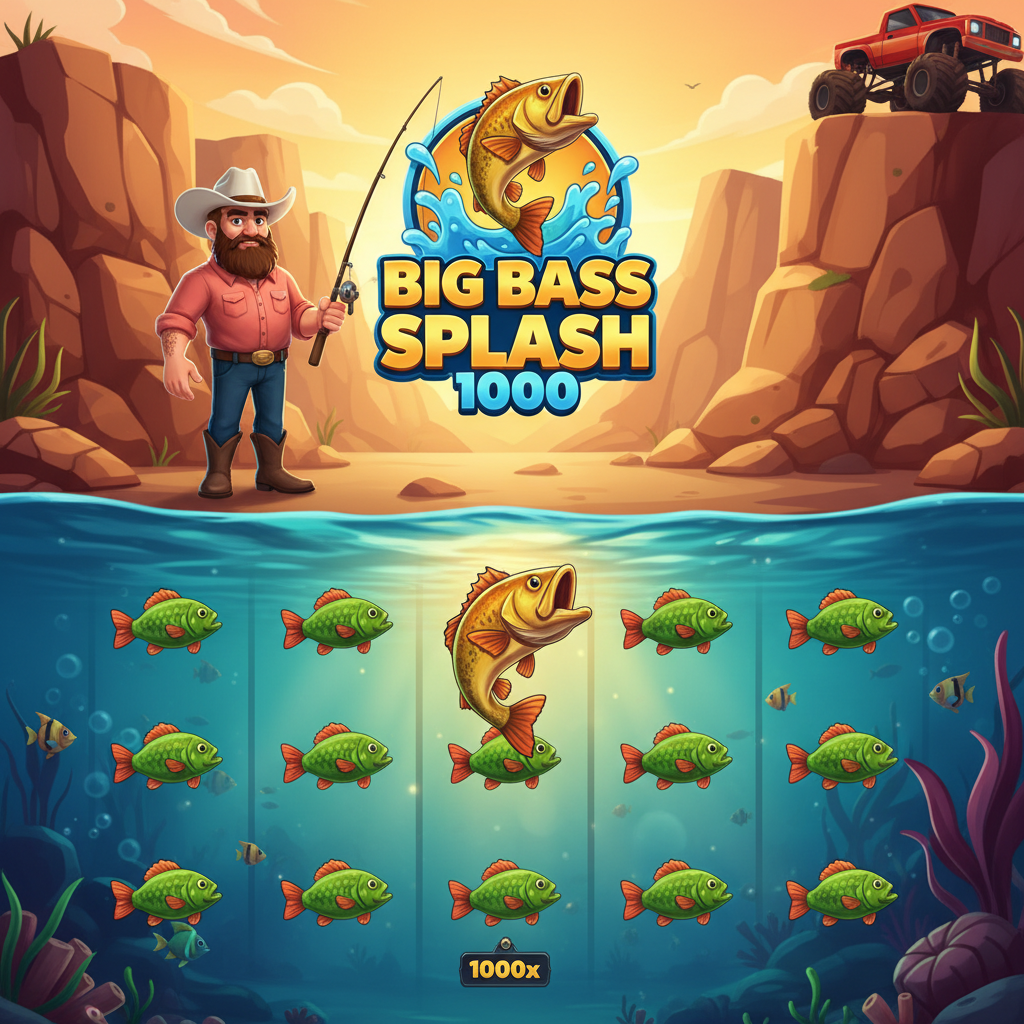 Big Bass Splash 1000 slot con pescatore, canyon al tramonto, pesce dorato e simboli money 1000x sott'acqua