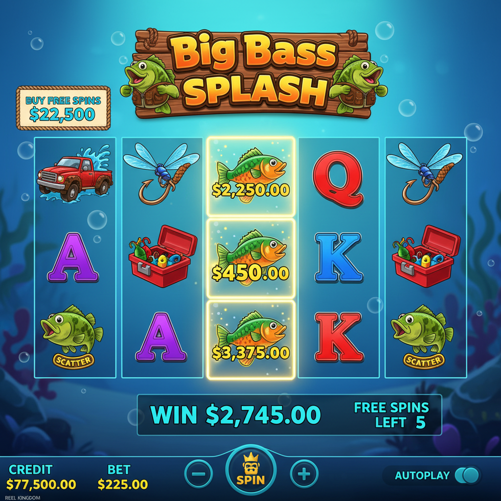 Big Bass Splash slot machine con pescatore, pesci money symbol con valori in dollari, scena subacquea turchese con bonus giri gratis