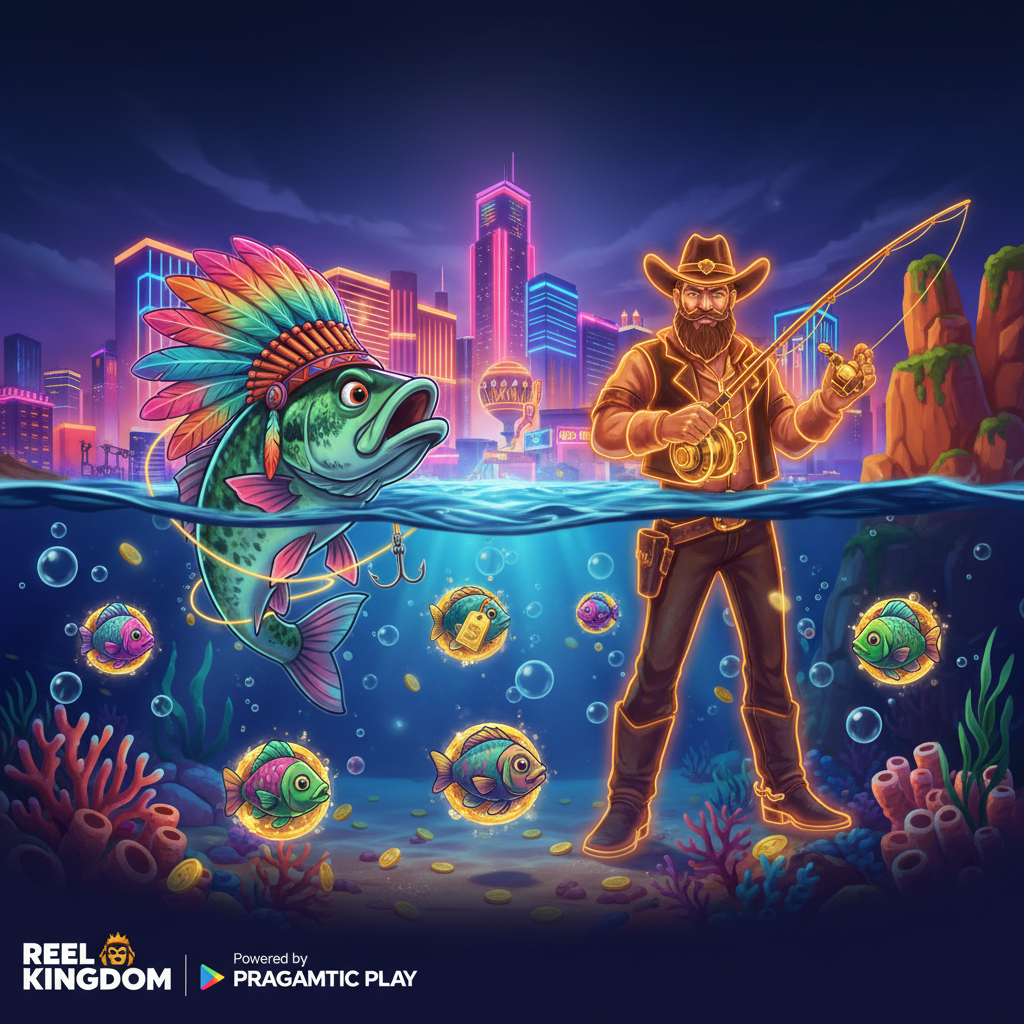 Big Bass Vegas Double Down Deluxe slot con pesce bass con copricapo piumato, pescatore neon stile Las Vegas, sfondo subacqueo con città illuminata e simboli Money Fish dorati