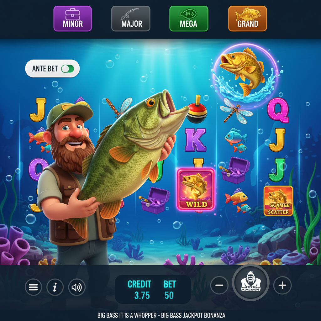 Big Bass It's a Whopper Jackpot Bonanza slot con pescatore, bass saltante, simboli scatter wild e jackpot progressivi su sfondo sottomarino