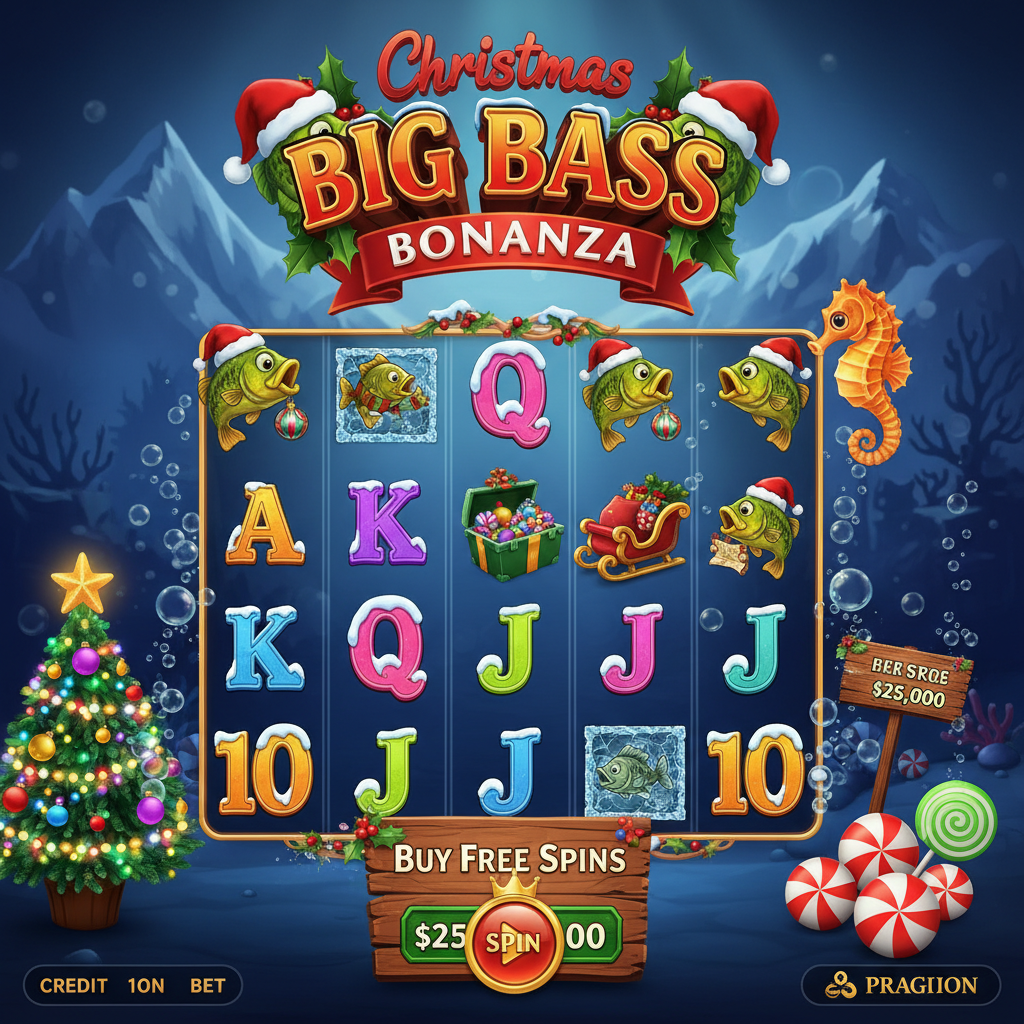 Christmas Big Bass Bonanza slot con pesci natalizi, simboli Wild di Babbo Natale pescatore e decorazioni subacquee ghiacciate